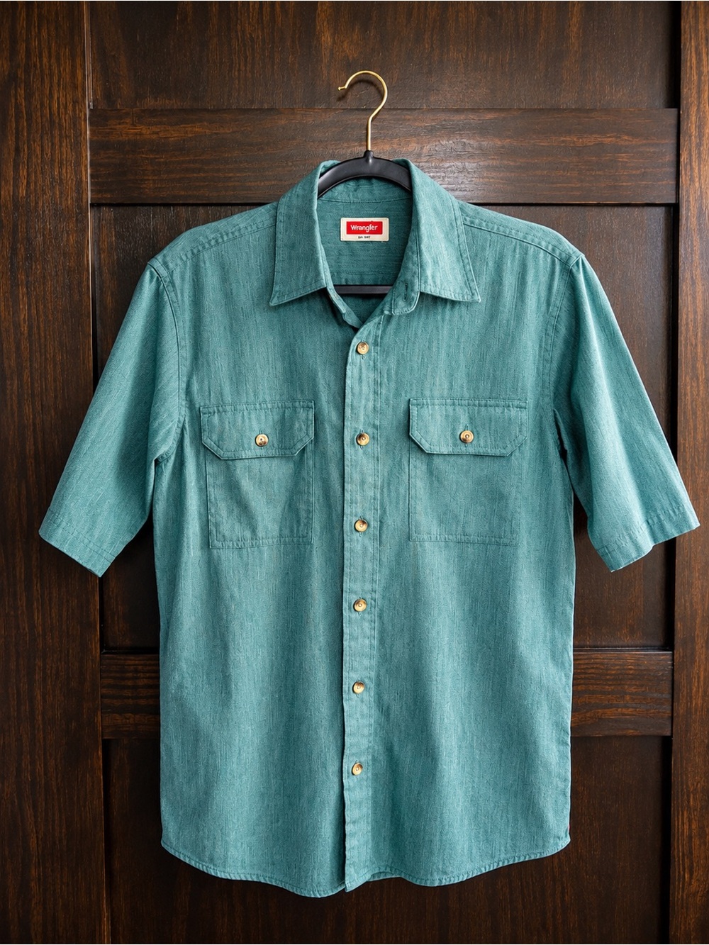 Wrangler Men’s Teal Green Short-Sleeve Button-Down Shirt
